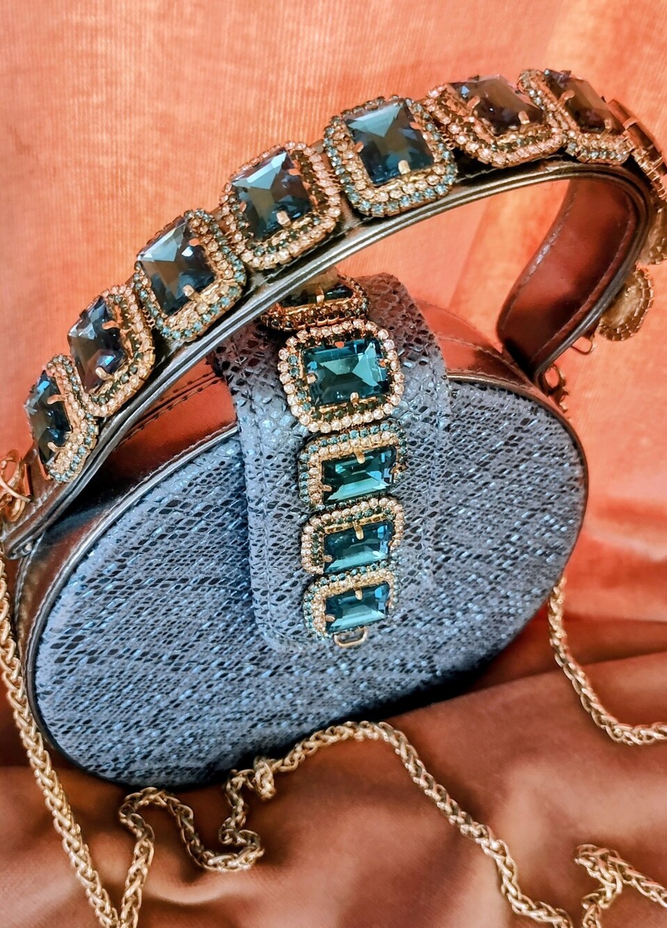 Turquoise Gem-Embellished Round Crossbody Bag